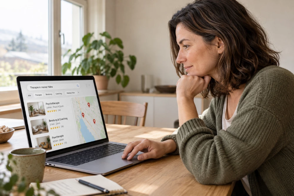 Frau sucht am Laptop nach einem lokalen Angebot für Therapie, Beratung oder Gesundheit